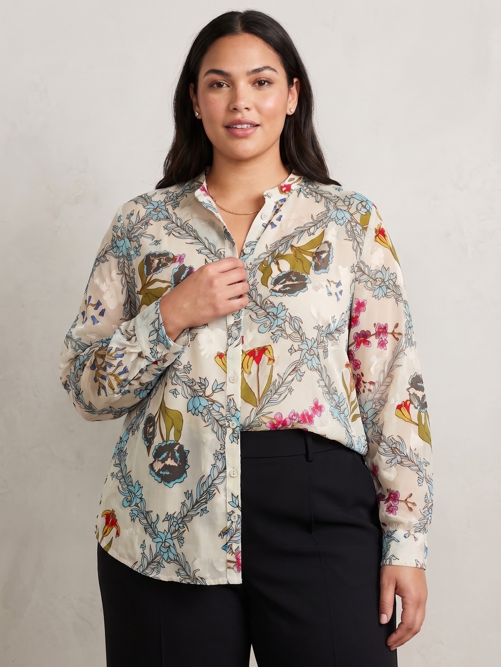 Floral-Print Cream Button-Down Blouse
